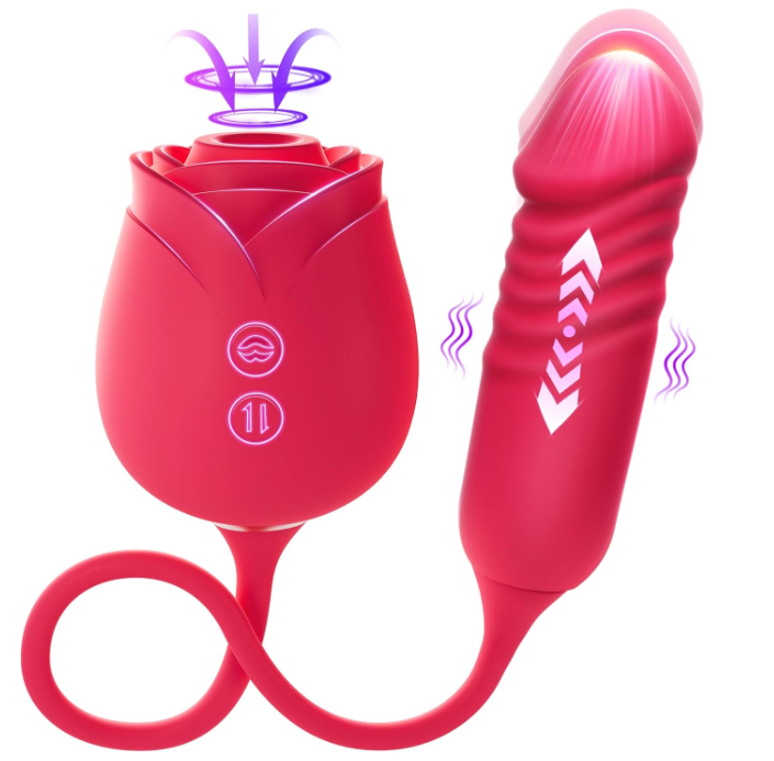 Rose-shaped tongue licking and sucking telescopic vibrator for women - Anal beads