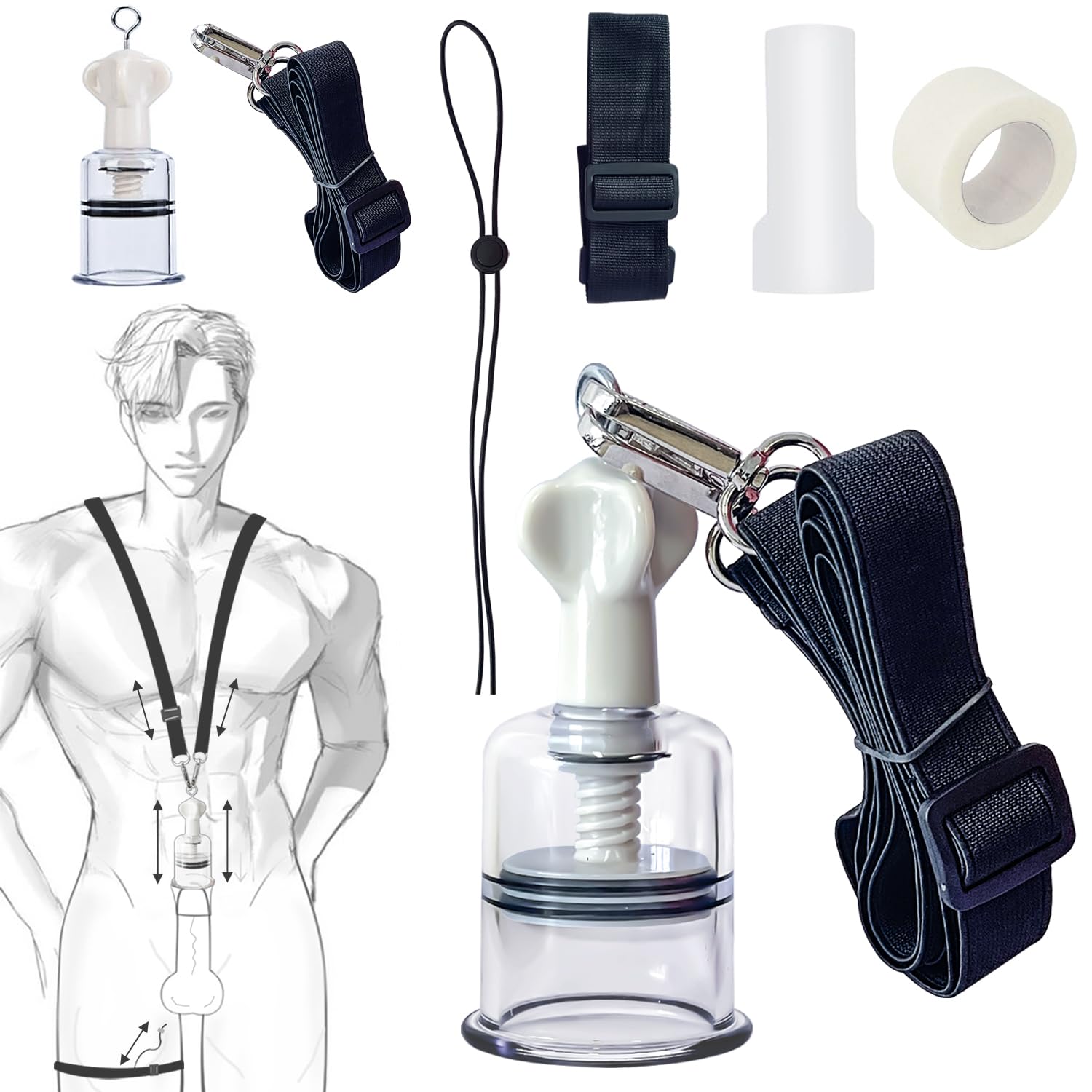 3 in1 Penis Cock Training Stretching Set with Silicone Sleeve Pump and Neck & Leg Straps Dual